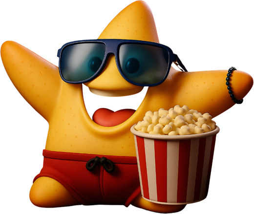 Roxystar, o mascote do Cine Roxy, com um balde de pipoca
